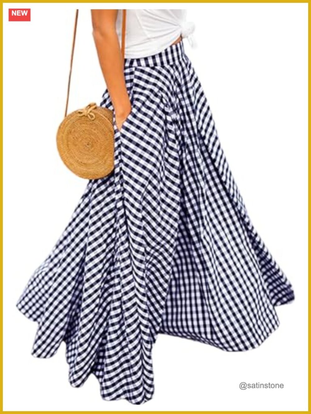 Women's Gingham Plaid Maxi Skirt High Waist A-Line Pleated Long Skirt